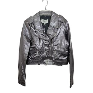 NWT Cami NYC Kali Lamb Leather Jacket Metallic Fog Silver Cropped Moto Small